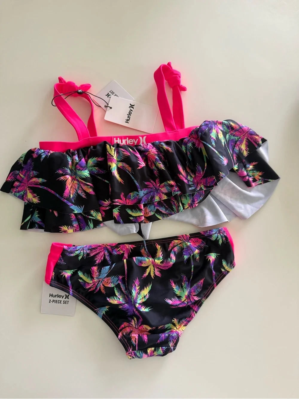 Hurley Big Girls' Pink Tropical Ruffle Two-Piece Swimsuit